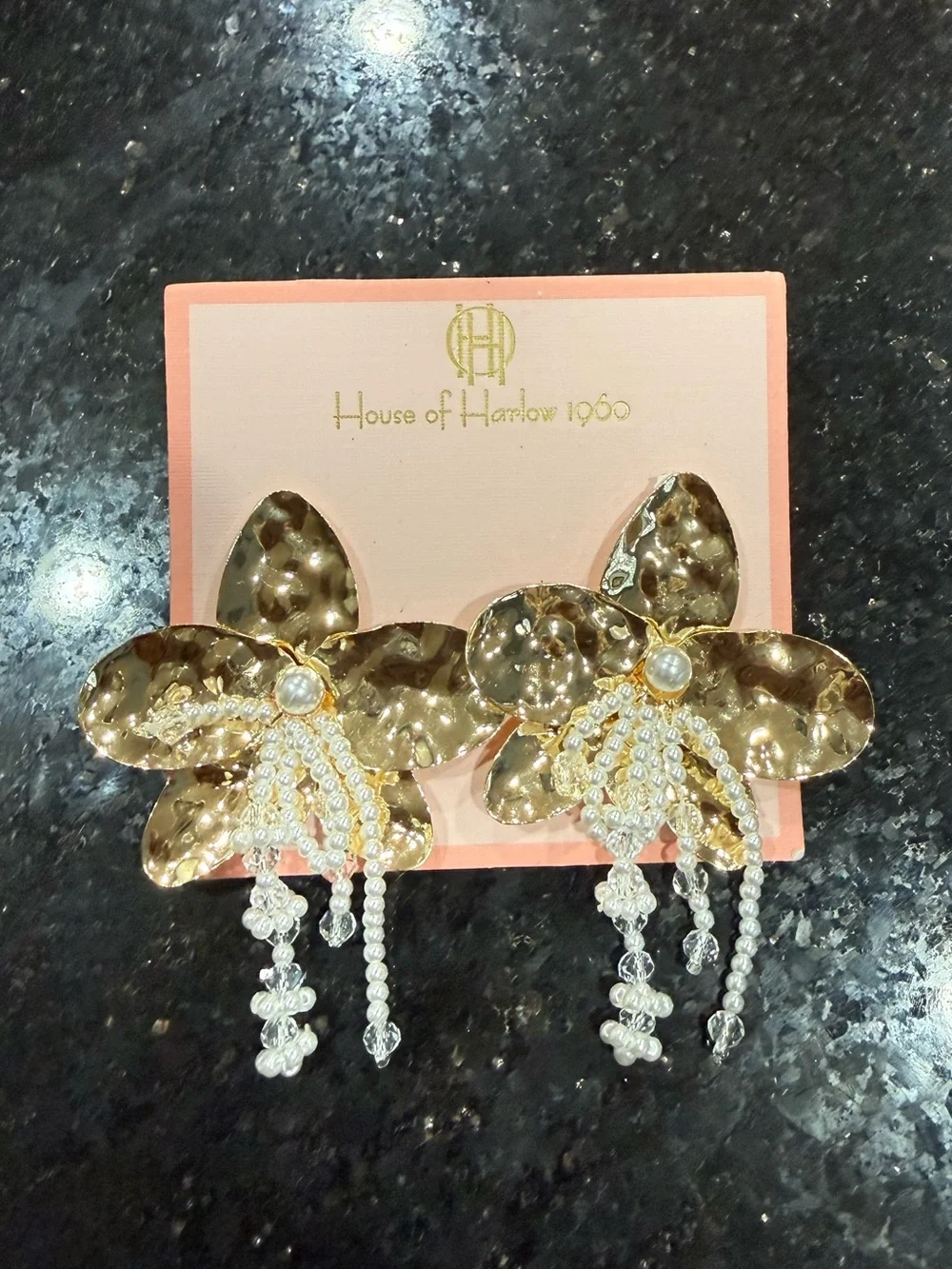 House of Harlow 1960 Gold Hammered Floral Drop Earrings with Crystal Tassels